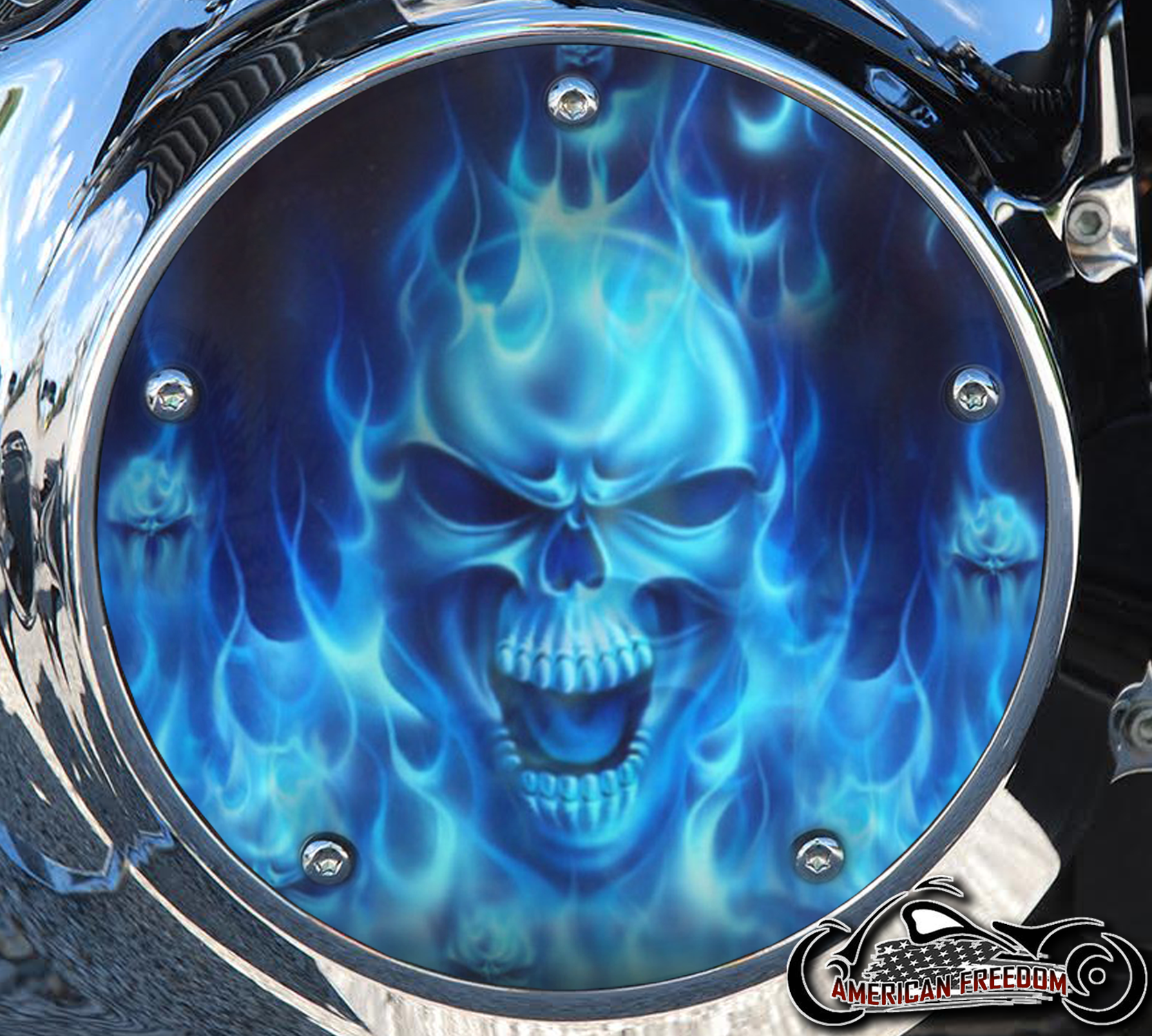 Custom Derby Cover - Blue Flame Skull - Click Image to Close